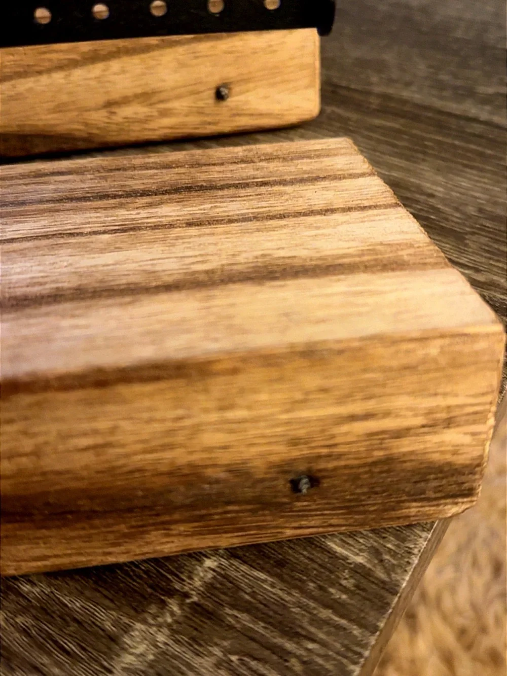Industrial Double-Bar Jewelry Rack on Natural Wood Mount